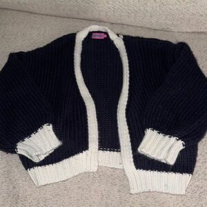 Edikted Navy Blue & Cream Contrast Chunky Knit Oversized Cardigan Sweater